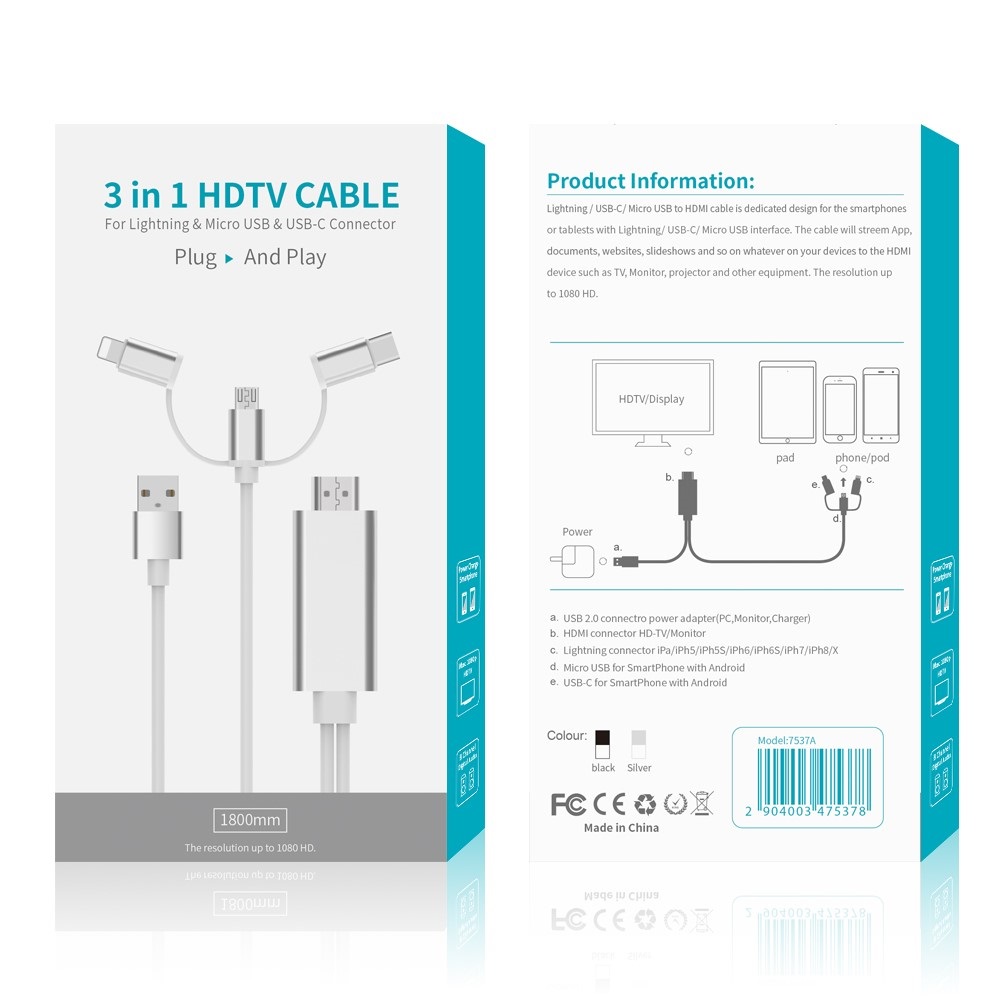 3-in-1 HDMI Cable - Type-C, MicroUSB