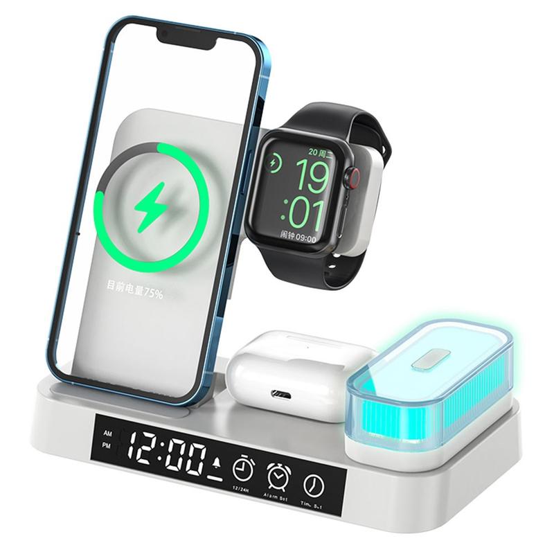 A37 3-in-1 For Cell Phone Watch 15W Wireless Charger Folding Design Alarm Clock  20W Type C Port RGB LED Night Light - White