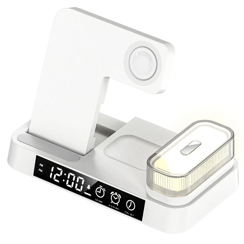 A37 3-in-1 For Cell Phone Watch 15W Wireless Charger Folding Design Alarm Clock  20W Type C Port RGB LED Night Light - White