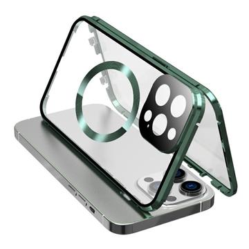 Dual-Sided Tempered Glass+Magnetic Metal Frame Anti-Drop Case for iPhone 15 Compatible with MagSafe Phone Cover with Buckle Lock - Green