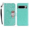 Google Pixel 8 Pro Owl Rhinestone Wallet Case - Cyan