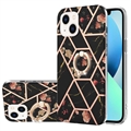 iPhone 15 Marble Pattern IMD TPU Case with Ring Holder - Black