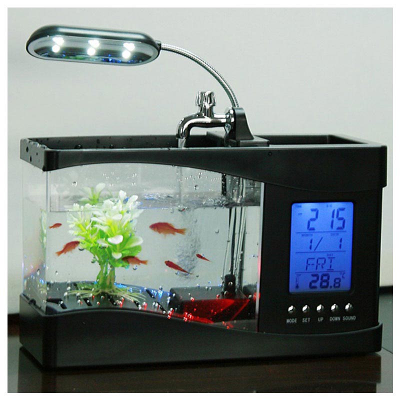 Mini Aquarium with LCD Clock &amp; LED Desk Lamp