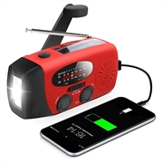 Portable Hand Crank Solar Radio with LED Flashlight, Power Bank Function - Red