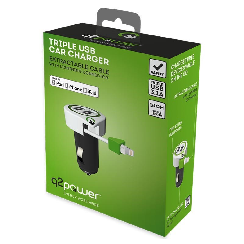 Q2Power Car Charger with Lightning Cable And 2 x USB Ports - Black