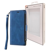 iPhone 15 Plus Saii Zipper Wallet Case with Strap - Blue