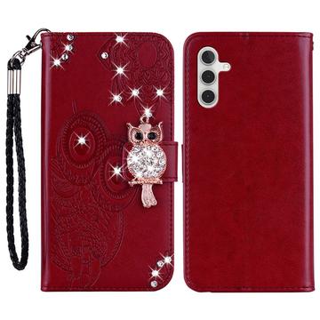 Samsung Galaxy A15 Owl Rhinestone Wallet Case - Red