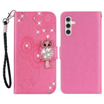Samsung Galaxy A25 Owl Rhinestone Wallet Case - Hot Pink