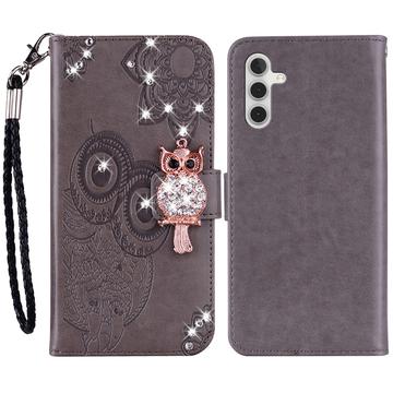 Samsung Galaxy A35 Owl Rhinestone Wallet Case - Grey