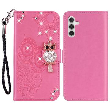 Samsung Galaxy A54 5G Owl Rhinestone Wallet Case - Hot Pink