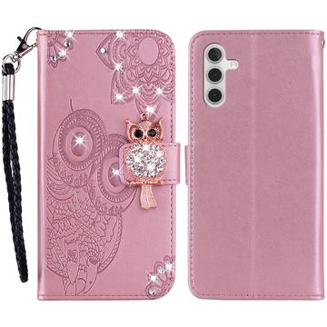 Samsung Galaxy A54 5G Owl Rhinestone Wallet Case - Rose Gold