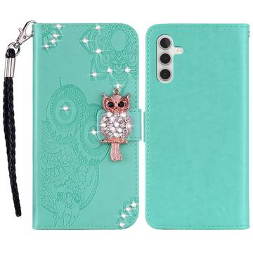 Samsung Galaxy A55 Owl Rhinestone Wallet Case - Cyan