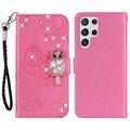 Samsung Galaxy S24 Ultra Owl Rhinestone Wallet Case - Hot Pink