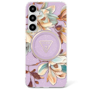 Samsung Galaxy S25 Guess Glitter Flowers Triangle Buttons MagSafe Case - Purple