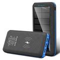 Solar Power Bank 20000mAh w. Wireless Charging, 3x USB Ports, Dual LED Flashlight - Blue / Black