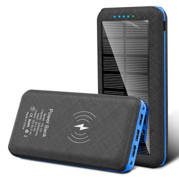 Solar Power Bank 20000mAh w. Wireless Charging, 3x USB Ports, Dual LED Flashlight - Blue / Black