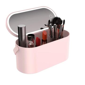 Travel Makeup Organizer w. Built-in Mirror and LED Light - Pink