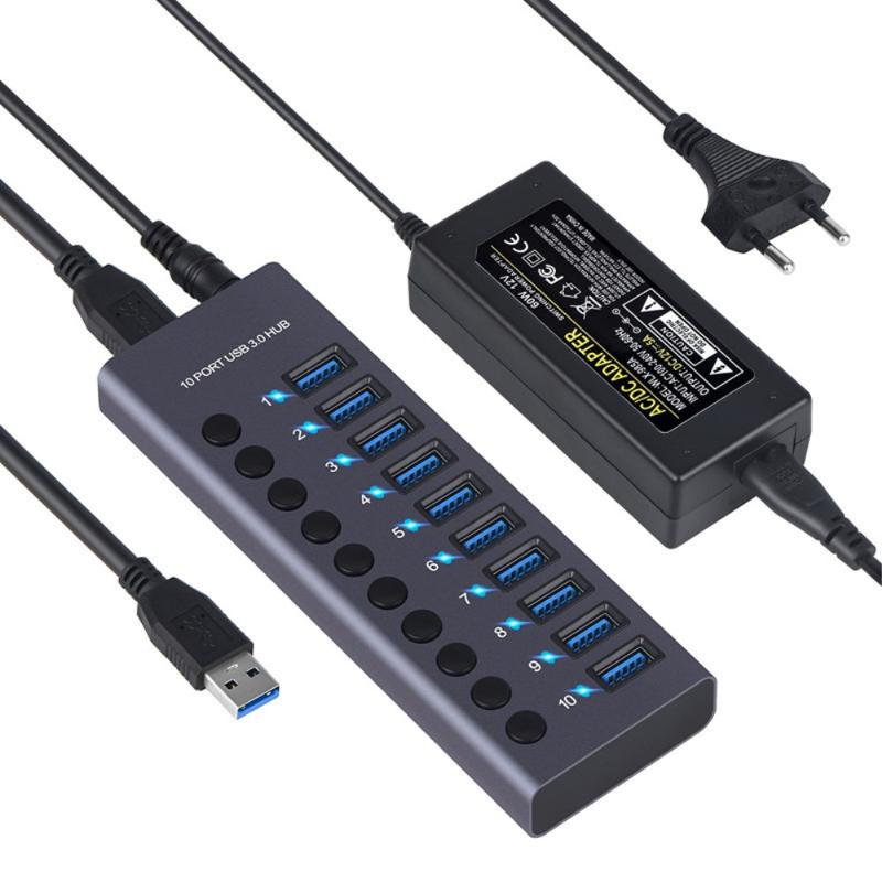 10-port USB  Hub with Individual Power Switches - Grey