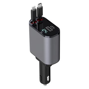 X16 100W Super Fast 180-Degree Rotating Car Charger with Retractable USB-C & Lightning Cables