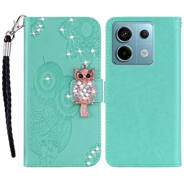 Xiaomi Redmi Note 13 Pro/Poco X6 Owl Rhinestone Wallet Case - Cyan