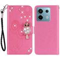 Xiaomi Redmi Note 13 Pro/Poco X6 Owl Rhinestone Wallet Case - Hot Pink