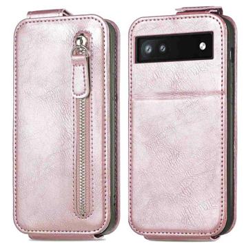 Zipper Pocket Google Pixel 6a Vertical Flip Case - Rose Gold