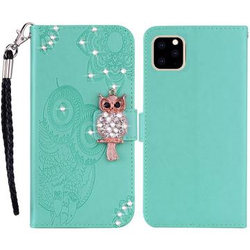 iPhone 14 Pro Max Owl Rhinestone Wallet Case - Cyan