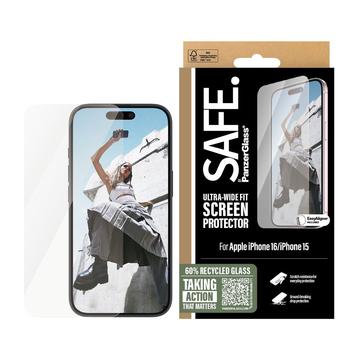 iPhone 15/16 PanzerGlass Safe Ultra-Wide Fit Tempered Glass Screen Protector - 9H - Clear