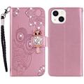 iPhone 15 Owl Rhinestone Wallet Case - Rose Gold