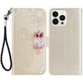 iPhone 15 Pro Max Owl Rhinestone Wallet Case - Gold