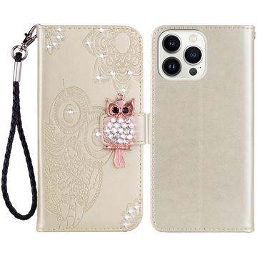 iPhone 15 Pro Max Owl Rhinestone Wallet Case - Gold