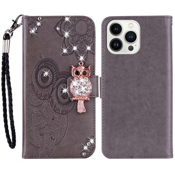 iPhone 15 Pro Max Owl Rhinestone Wallet Case - Grey