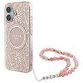 iPhone 16 Guess IML Flowers Allover Electro Case with Pearl Strap - MagSafe Compatible - Pink