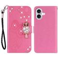 iPhone 16 Owl Rhinestone Wallet Case - Hot Pink