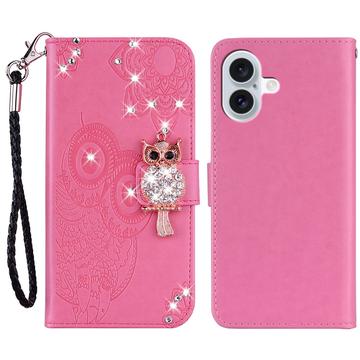 iPhone 16 Owl Rhinestone Wallet Case - Hot Pink