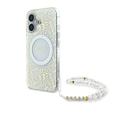 iPhone 16 Plus Guess IML Flowers Allover Electro Case with Pearl Strap - MagSafe Compatible - White