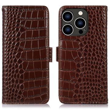 iPhone 16 Pro Crocodile Series Wallet Leather Case with RFID - Brown