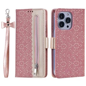 iPhone 16 Pro Lace Pattern Wallet Case - Rose Gold